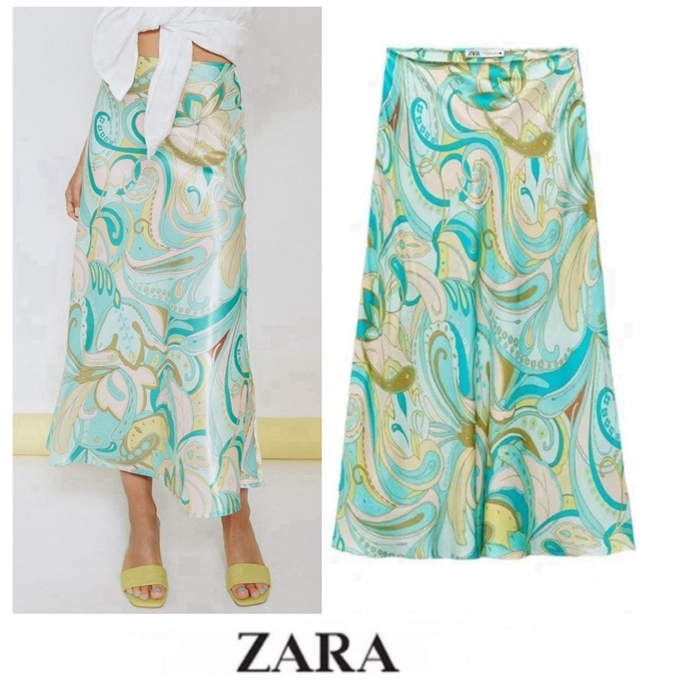 ZARA Sea Green Spring Multicolor 100% Viscose A Line Side Zip Midi Skirt Sz L